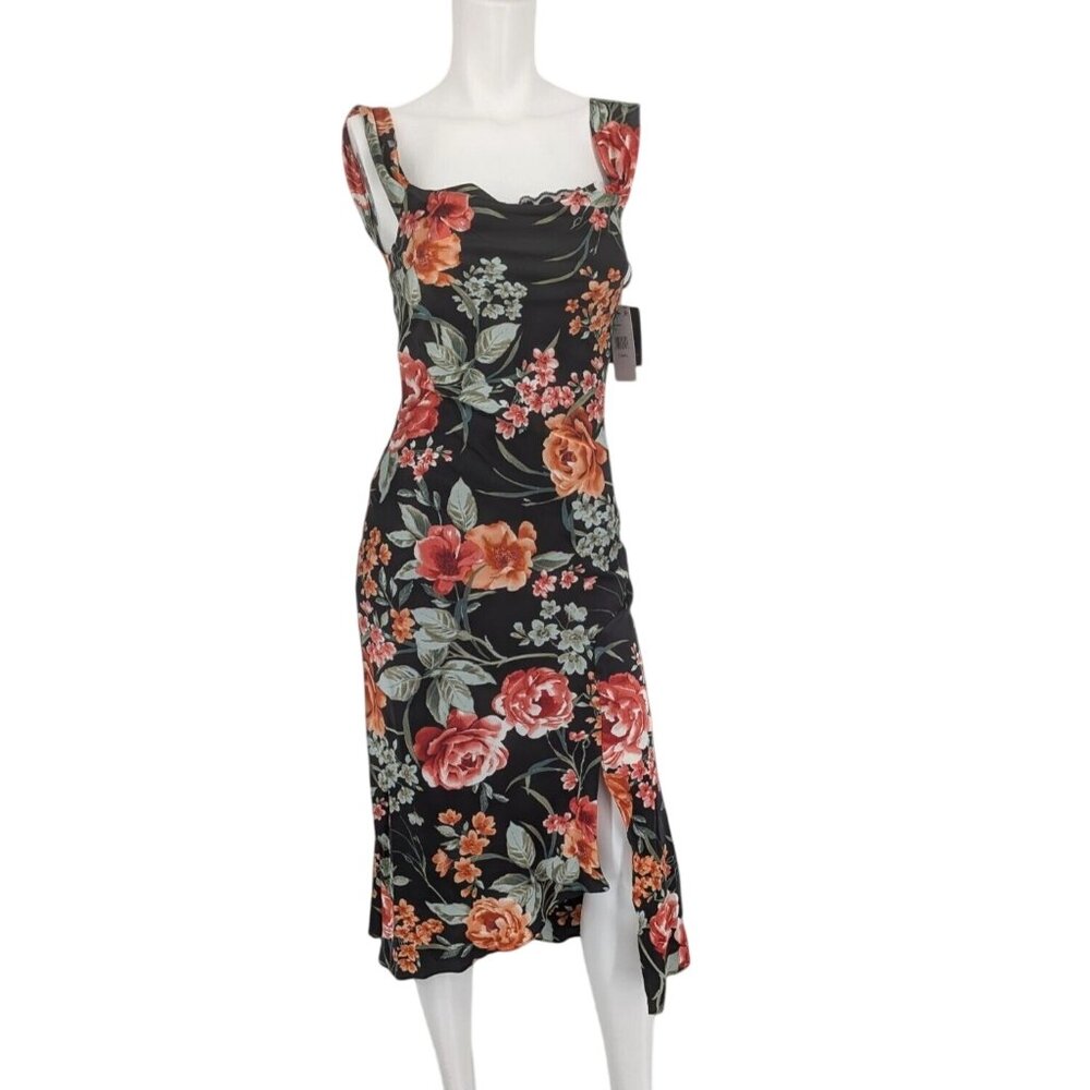 Black Floral Midi Bodycon Dress Cowl Neck Romantic Cottage Wedding Guest Size XS